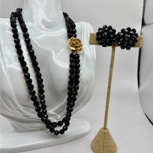 Vintage Black Glass Beaded Necklace w Rose Clasp and Matching Earrings 18”& 20”